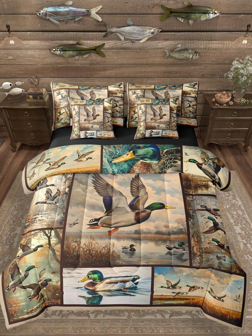 Mallard Duck 7 Pieces Bedding Set Queen Size Country Cabin Woodland Duck Comfort